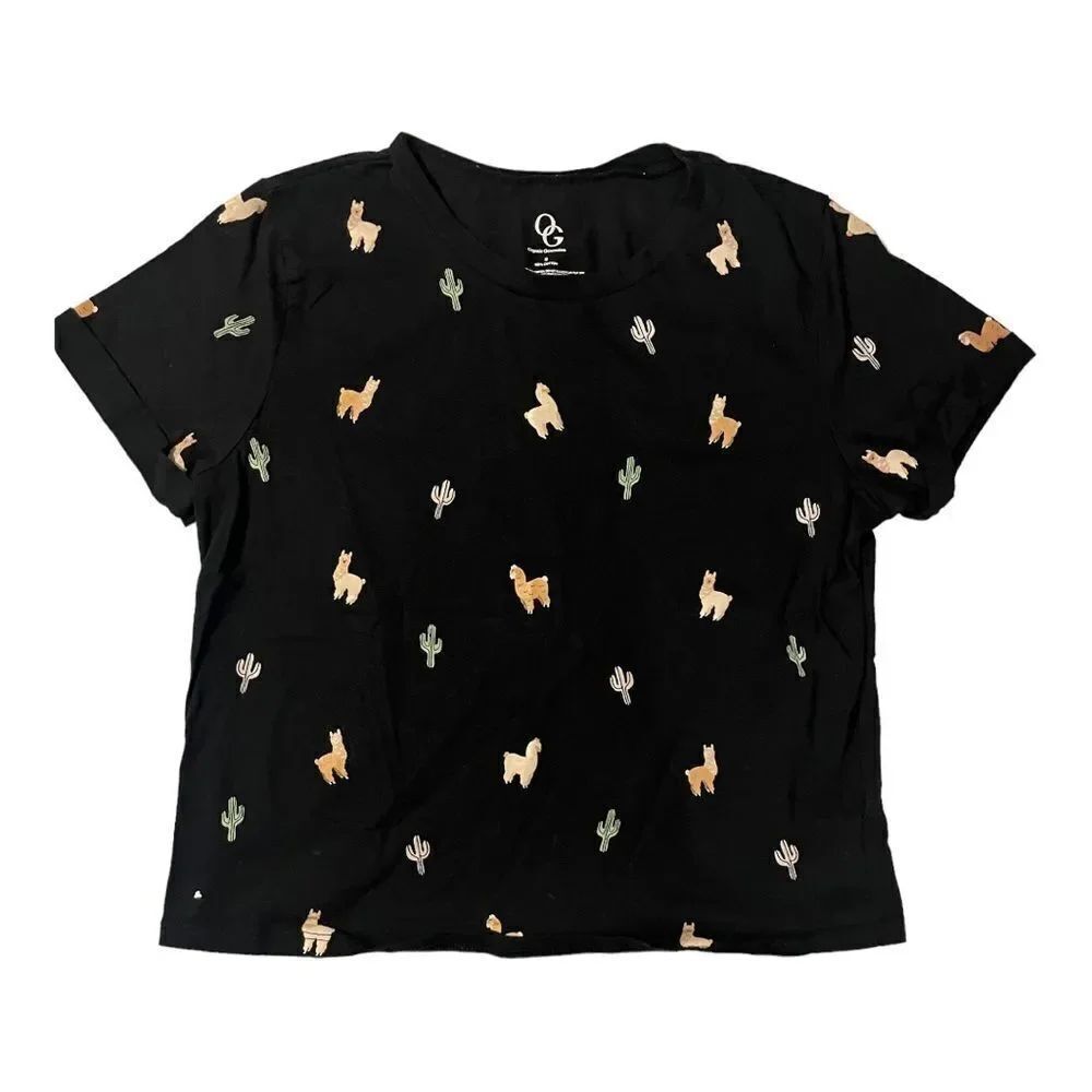 🔥4/$25 Organic Generation Black Llama Cactus Short Sleeve Cropped Tee